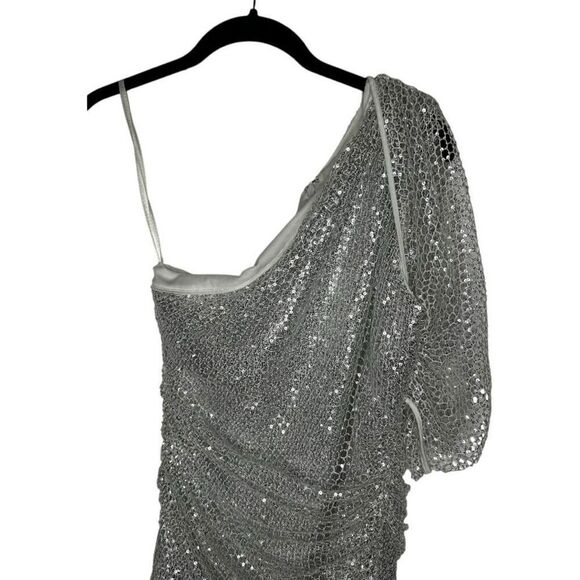 Maeve Reilly x BCBGMAZAZRIA Silver Asymmetrical Mini Dress Size 0 Puff Sleeve - Picture 4 of 12